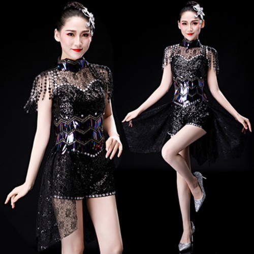 Black jazz dance dresses for women girls competition stage performance modern dance gogo dancers cosplay outfits costumes